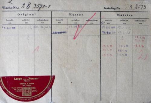 Matrizenkarte Nr. 2 B 3571-1 für die Bestellnummer Electrola DB 2037: Caruso, Largo aus Xerexes
